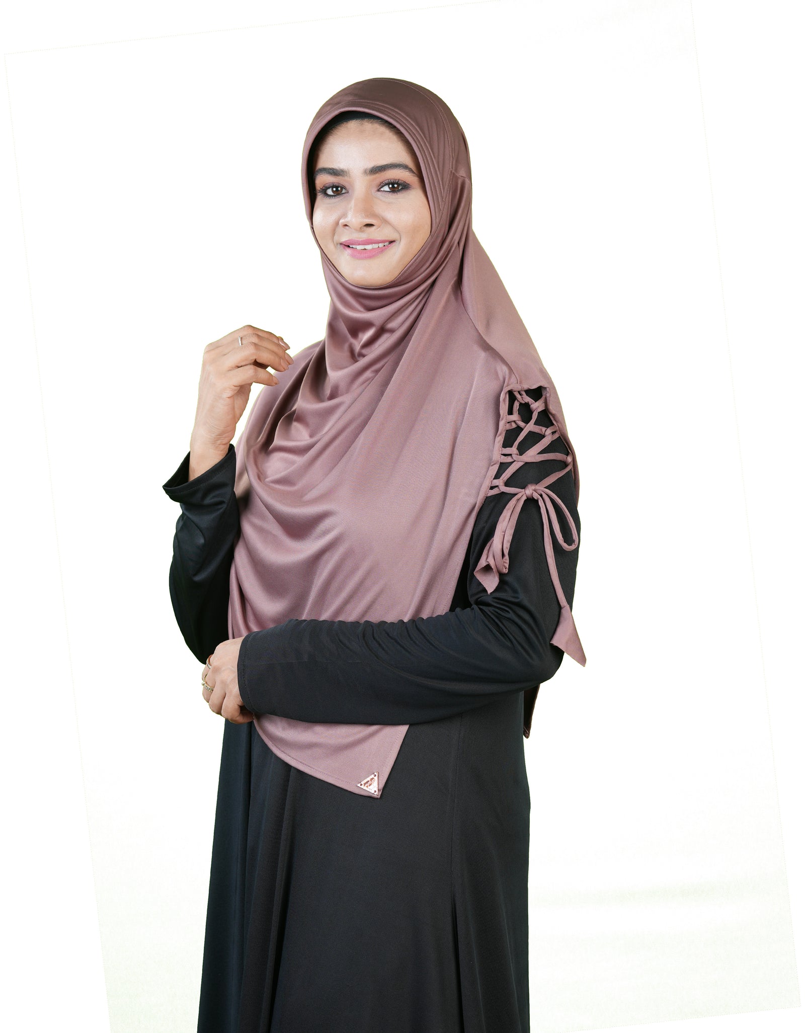 Famya Lace-Up Shoulder Hijab |Trending Mehar| Fitted Face | Full Coverage | Soft & Stylish Modest Hijabs with Lace-Up Shoulder & Stone Embellishment