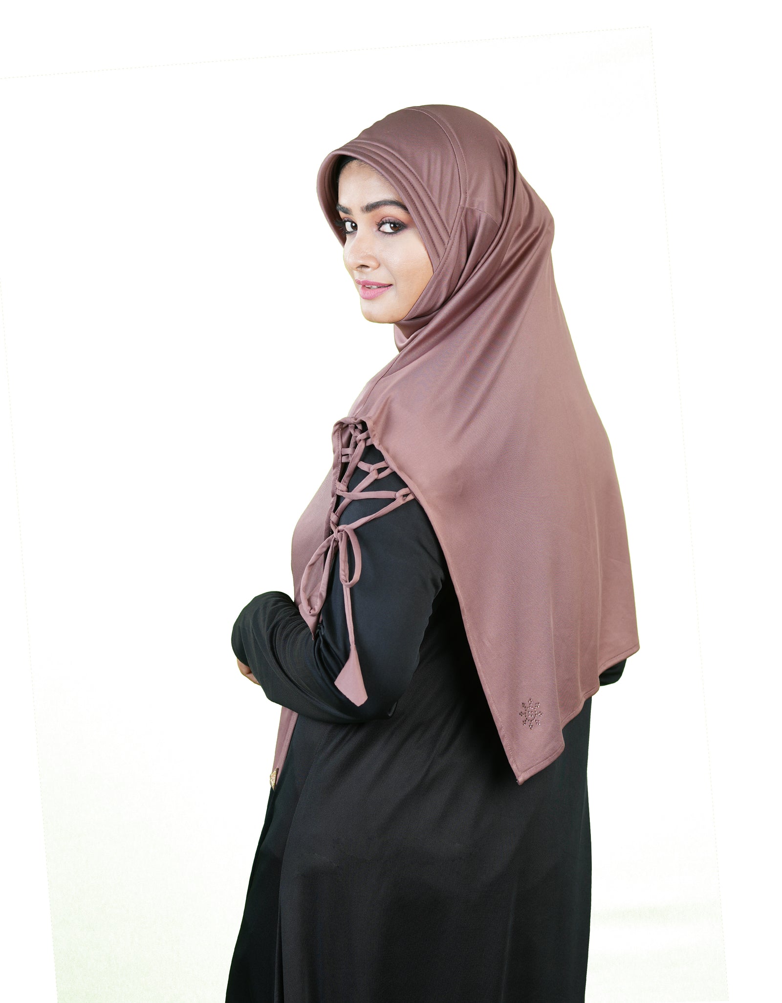 Famya Lace-Up Shoulder Hijab |Trending Mehar| Fitted Face | Full Coverage | Soft & Stylish Modest Hijabs with Lace-Up Shoulder & Stone Embellishment